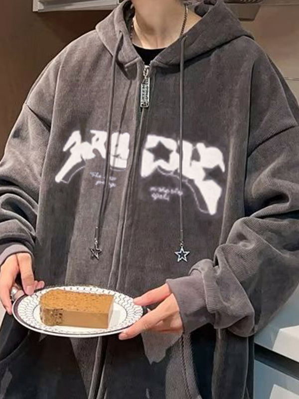 Sudadera con capucha extragrande con estampado de estrellas flocadas para hombre-1